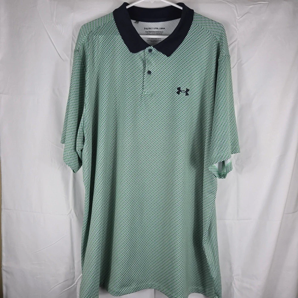 Under Armour Mens 2XLT Performance Polo Green Navy Blue Micro Check Golf Shirt - Picture 2 of 8